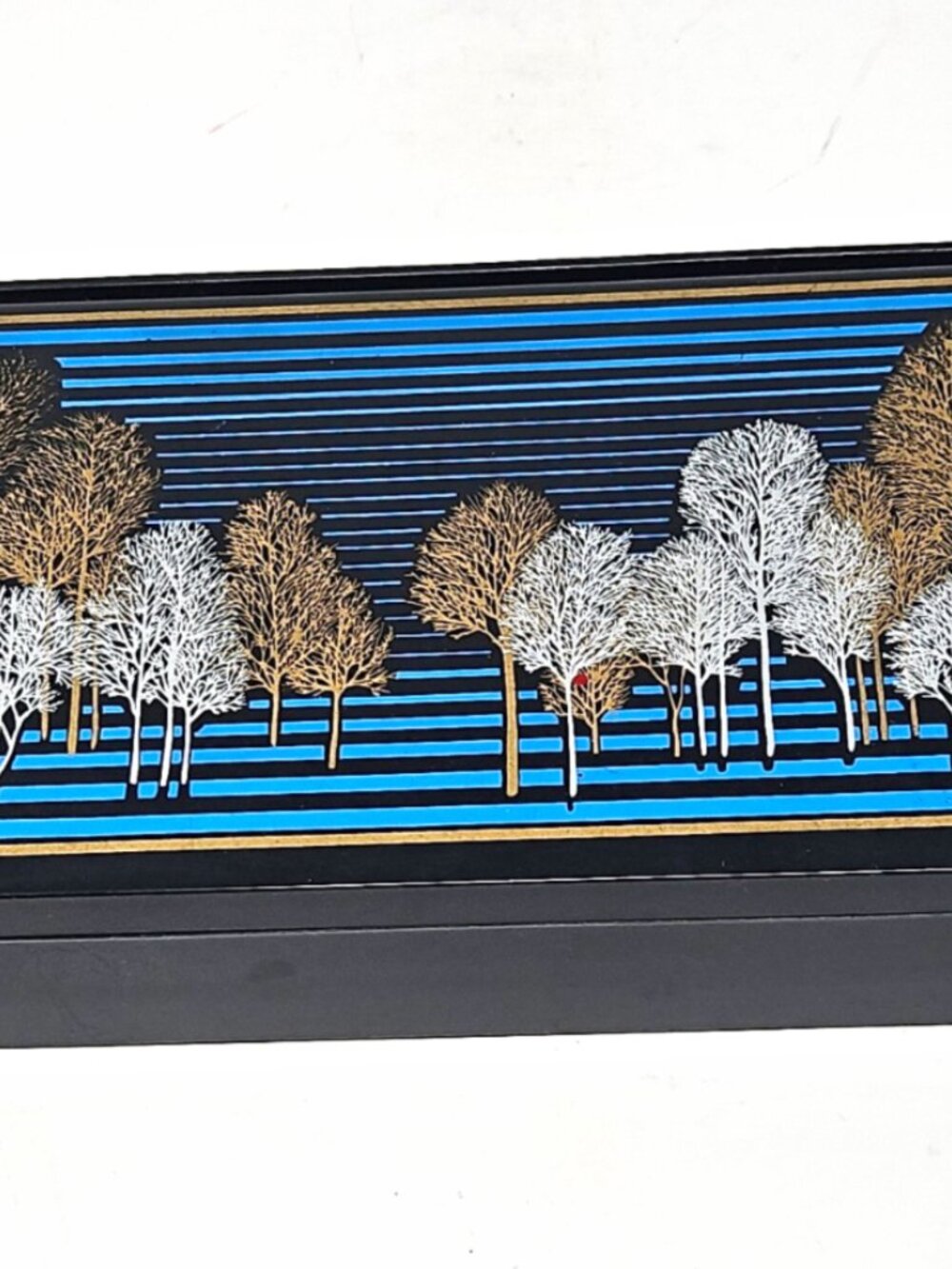 Vintage 1980 Black Lacquer Jewelry Box Make Up Case Folding Mirrors Trees Japan